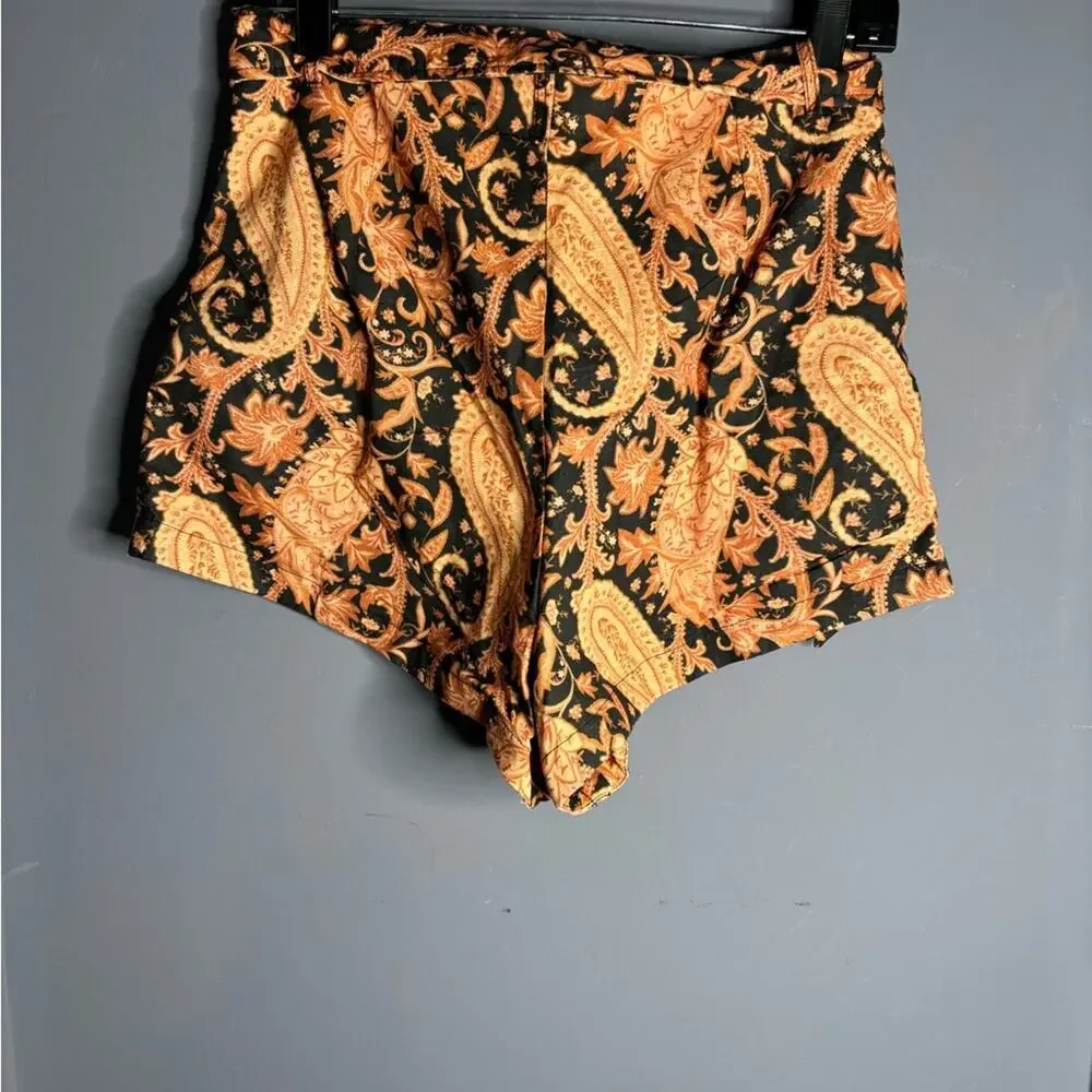 Charlie Holiday Black and Tan Paisley Print High Waist Belted Shorts 6
